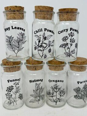 7pc 1970s Vtg Wheaton Glass Spice Jar Set Cork Lid Botanical Herbs Kitchen